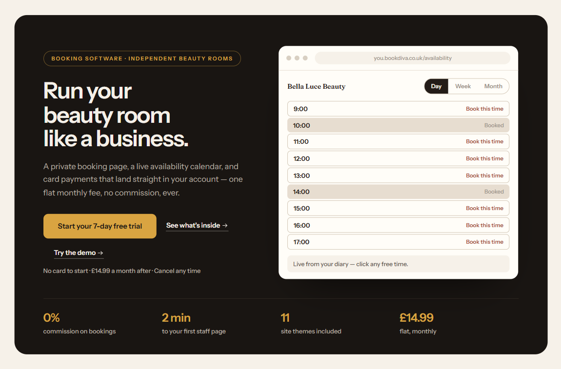 bookdiva.co.uk homepage — run your beauty room like a business