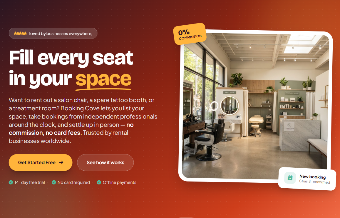 bookingcove.com homepage — fill every seat in your space, 0% commission